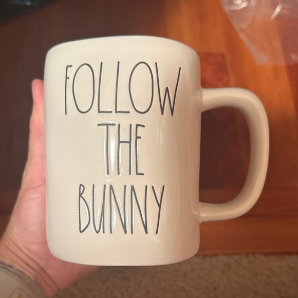Rae Dunn Cream Mug with 'Follow the Bunny' Text double sided DS - Picture 2 of 5